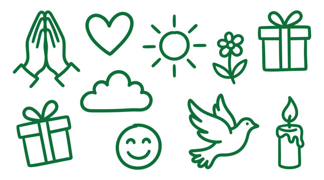 Collection of simple green line icons representing positive concepts like love, peace, and celebration.