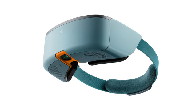 Teal virtual reality headset with orange accents, isolated on transparent background