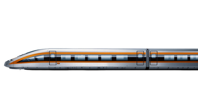 Sleek silver high-speed train with orange stripes, isolated on transparent background