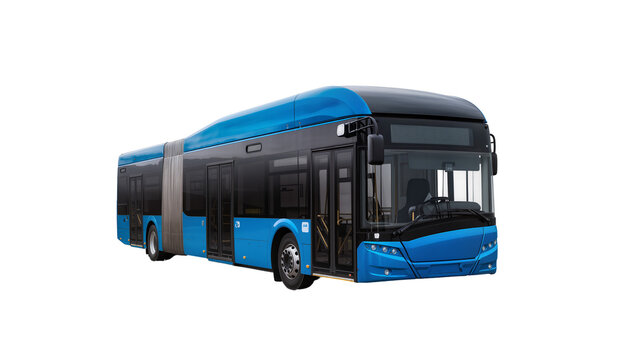 Articulated blue public transport bus with black windows, isolated on transparent background