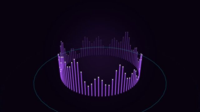 3D Circular Audio Spectrum Equalizer with Neon Purple Bars on Dark Background