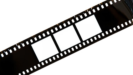 Obraz premium Black film strip with three empty square frames, isolated on transparent background