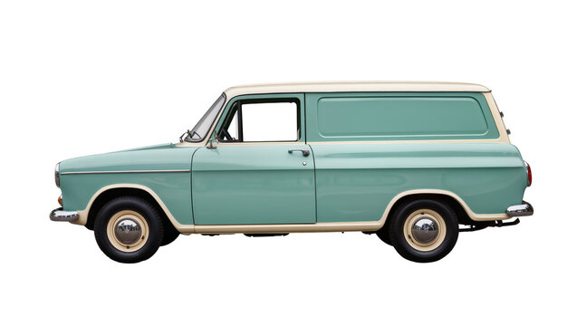 Vintage teal and cream panel van, classic automobile isolated on transparent background