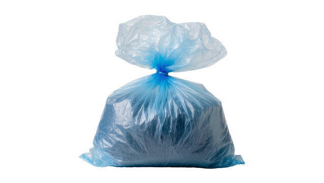 Full blue plastic garbage bag tied with a knot, isolated on transparent background