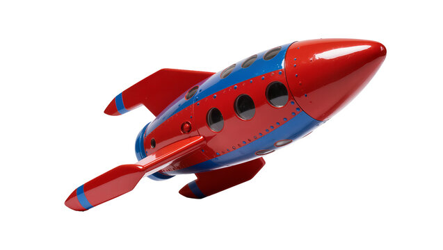 Red and blue striped toy rocket ship with circular windows, isolated on transparent background