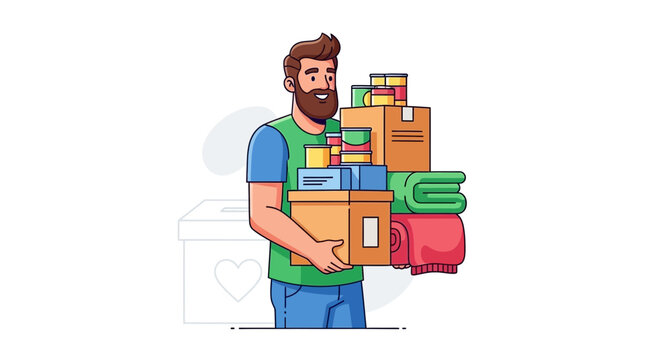 man holding boxes and blankets for donation