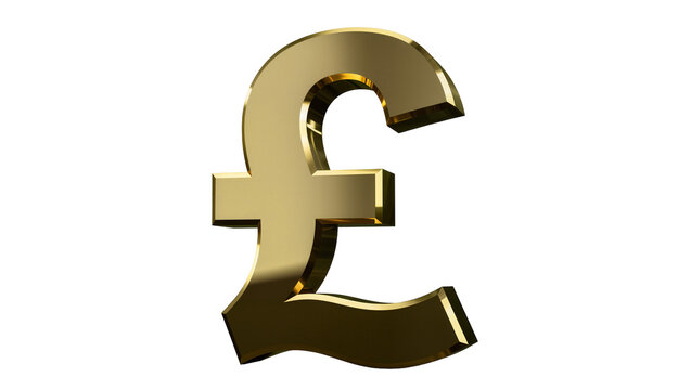 Shiny golden pound sterling symbol, isolated on transparent background