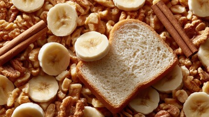 Fototapeta premium Delicious Bread with Bananas and Walnuts Surrounded by Cinnamon for a Healthy Recipe