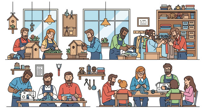 people working and learning in a woodworking class