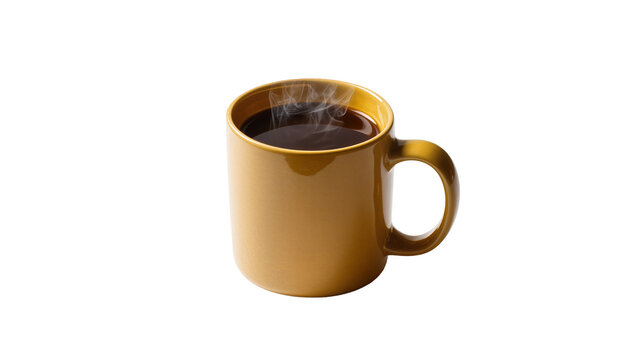 Steaming hot coffee in a golden mug, isolated on transparent background