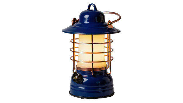Blue metal lantern with copper accents and glowing light, isolated on transparent background