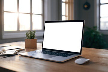 Fototapeta premium Blank laptop screen mockup on wooden desk for home office workspace