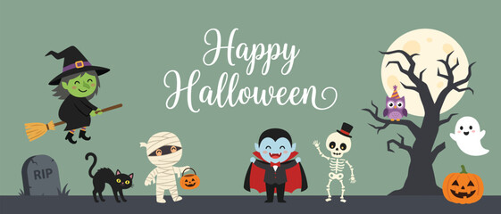 Fototapeta premium Colorful halloween illustration featuring witches, vampires, mummies, and other spooky characters
