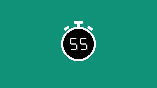 A glowing white beautiful stop watch timer countdown 60 second to 0 second on green background.Abstract stopwatch,watch,clock icon animation.