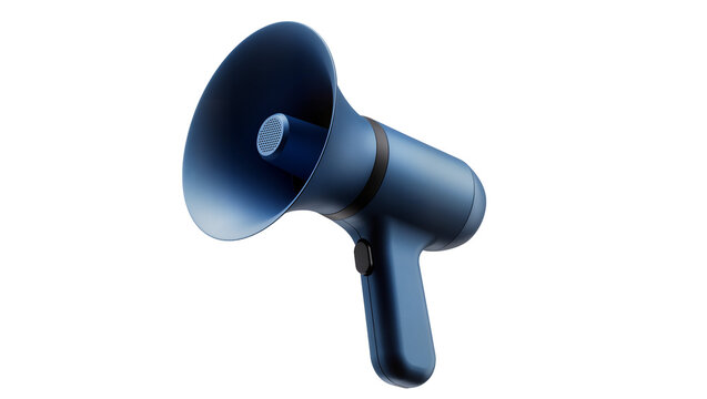 Dark blue modern megaphone with black accents, isolated on transparent background