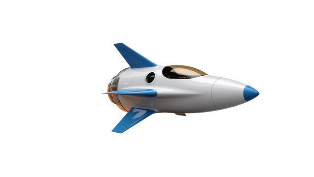 Sleek white and blue rocket ship with golden cockpit window, isolated on transparent background