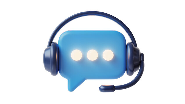 Blue chat bubble with glowing dots and headset, isolated on transparent background