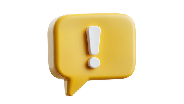 Yellow speech bubble with white exclamation mark, isolated on transparent background