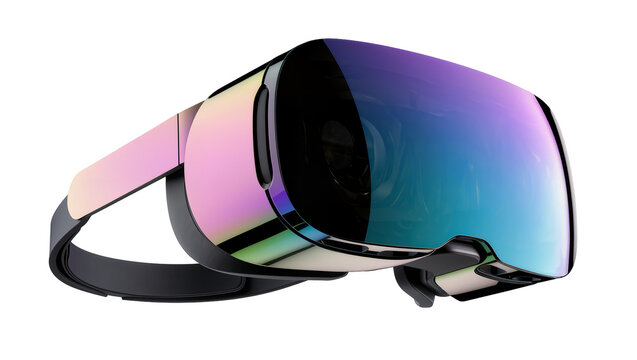 Iridescent VR headset with black strap, isolated on transparent background