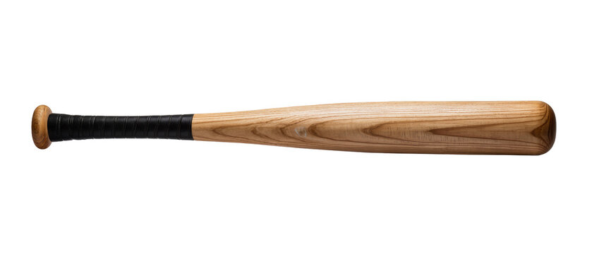 Wooden baseball bat with black grip tape, isolated on transparent background