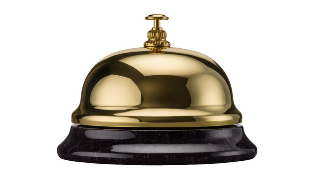 Shiny brass hotel reception bell with black marble base, isolated on transparent background