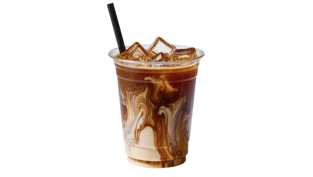 Iced coffee with cream swirls and ice cubes in a clear plastic cup, isolated on transparent background