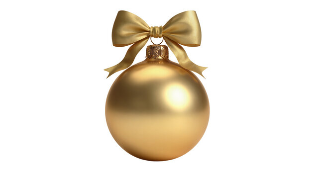 Golden Christmas bauble with satin bow, isolated on transparent background