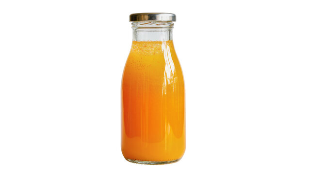 Clear glass bottle filled with vibrant orange juice, isolated on transparent background