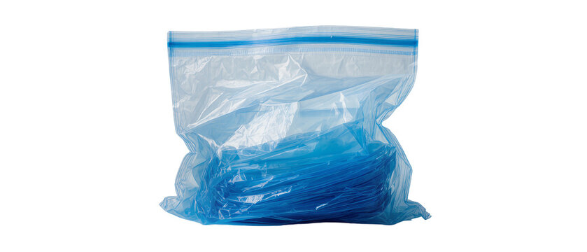 Clear plastic resealable bag filled with blue liquid, isolated on transparent background
