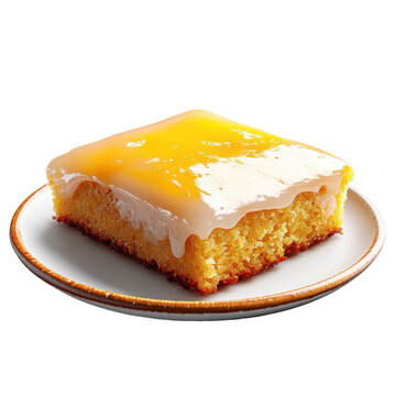 Glazed cornbread slice on plate with golden hue and dripping icing isolated on white background
