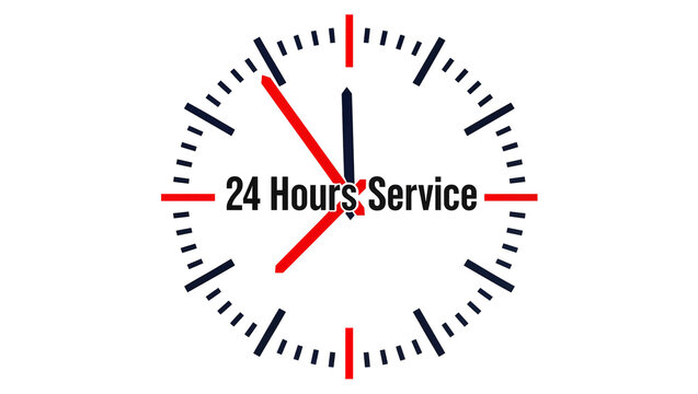 Clock face with red and blue hands indicating 24 hours service, isolated on transparent background