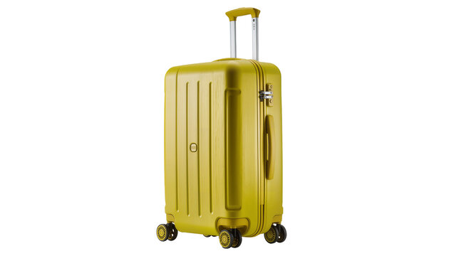 Yellow hard-shell suitcase with telescopic handle and wheels, isolated on transparent background