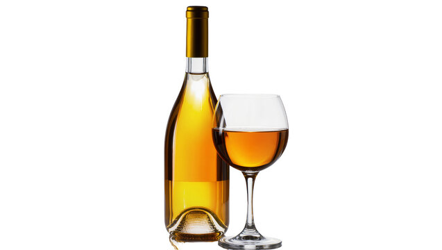 Amber colored wine bottle and glass with liquid, isolated on transparent background