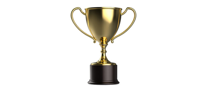 Golden trophy with two handles and dark base, isolated on transparent background