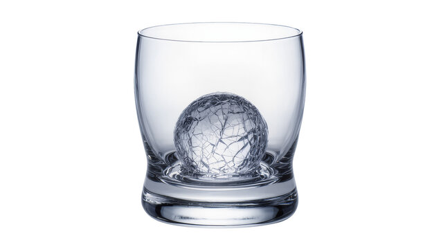 Clear glass tumbler with cracked ice sphere inside, isolated on transparent background