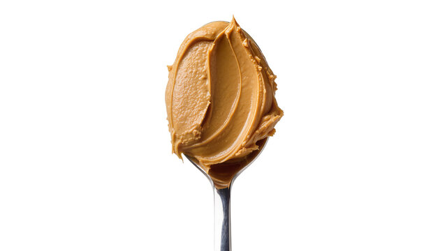 Creamy peanut butter swirl on a metal spoon, isolated on transparent background
