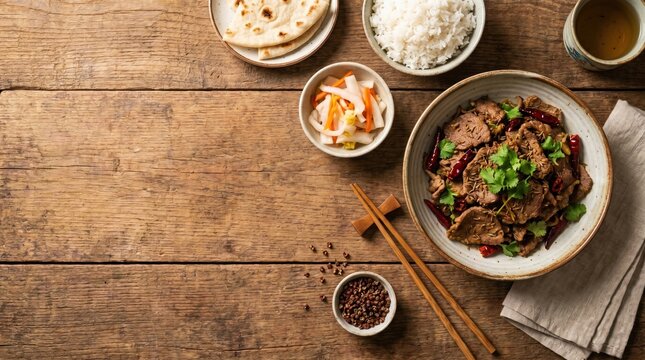 Chinese cumin lamb stir fry top view food photography with rice and flatbread on rustic wood background