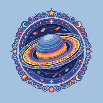 Colorful vector art of a ringed planet inside a circular frame