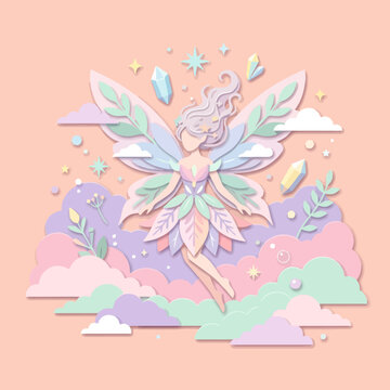 A pastel paper cut style fairy floats among magical clouds