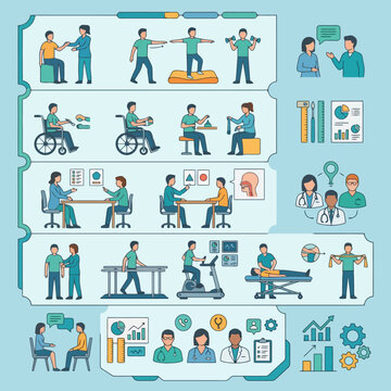 Flat vector icons of physical therapy and rehabilitation