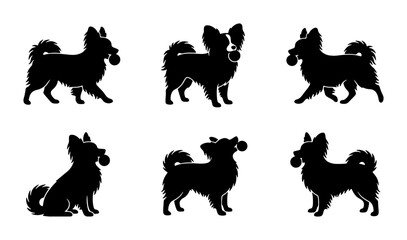 Naklejka premium Set of six black silhouette papillon dogs holding a ball in different poses Vector