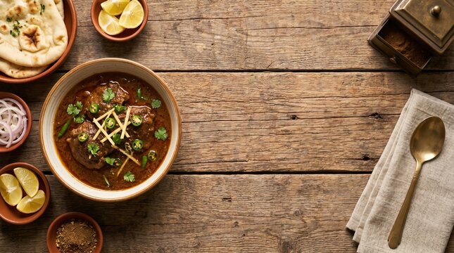 Pakistani beef nihari stew top view food photography with naan bread on rustic wood background