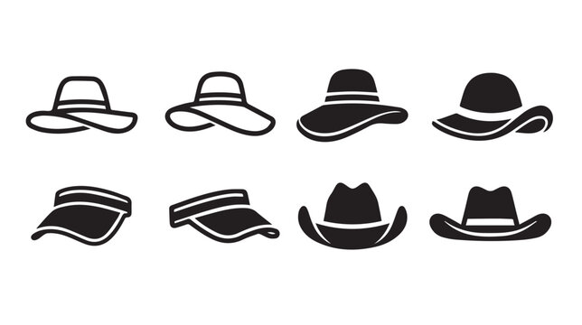 Collection of eight distinct sun hats and visors in a clean graphic style on a white background