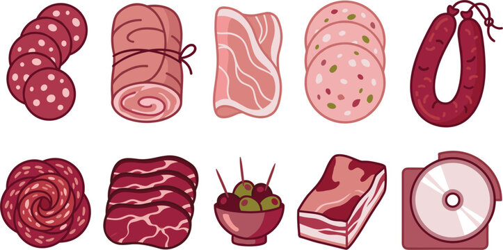 Charcuterie and Deli Cold Cuts Vector Element Set with Salami, Prosciutto, Ham slices, Mortadella, Sausage, Bacon, Olives, and Meat Slicer for Gourmet Menu Designs