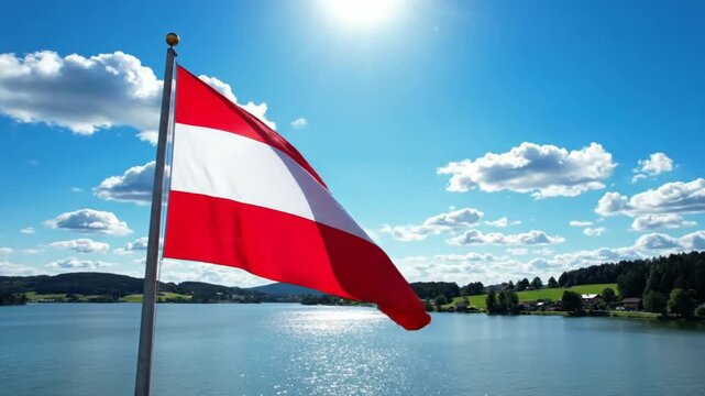 Austrian flag waving over a scenic lake with mountains and blue sky