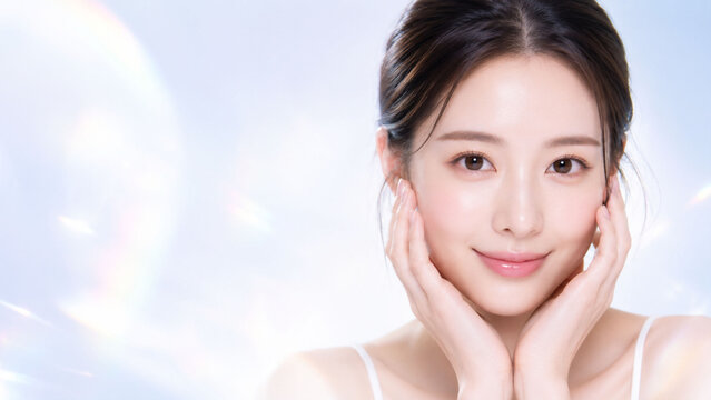 光をやさしく受ける淡い背景の前で、両手で頬を包み込むようなポーズを見せる若い女性の透明感あふれるスキンケアポートレート。なめらかな素肌と自然なツヤ感、落ち着いたまとめ髪、清潔感のある白いトップスが上品な印象を演出し、美容液、保湿化粧品、フェイスケア、素肌美、エステ、クリニック広告に使いやすいビューティーイメージ