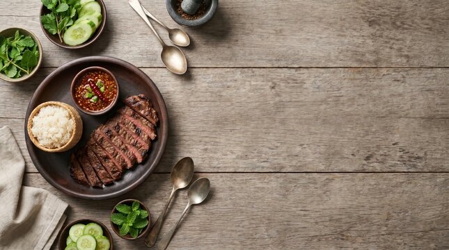 Thai crying tiger grilled beef suea rong hai top view food photography on rustic wood background