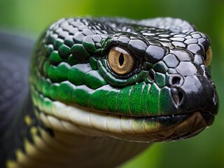 Fototapeta premium Extreme Close Up Side View Portrait of Green Snake with Detailed Scale Texture and Golden Eye in Tropical Jungle