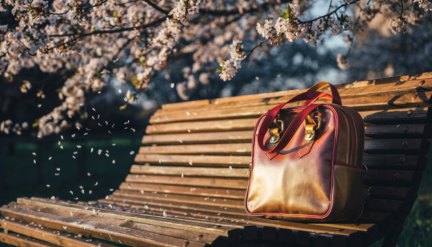 入学準備・春のイメージ：桜の木の下の木製ベンチとピカピカの鞄