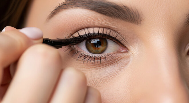 Close up of beautiful woman applying eyeliner perfect for professional cosmetic makeup concepts and creative flawless beauty plan
